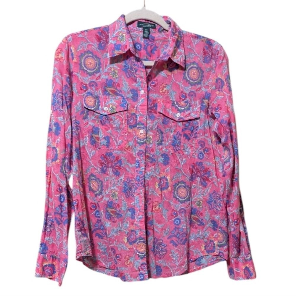 Lauren Ralph Lauren pink floral roll tab blouse size Small chest pockets